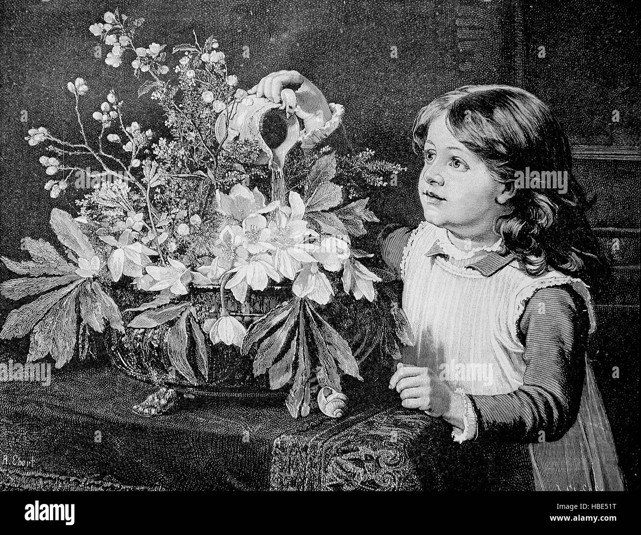 Girl at home pouring fleurs, illustration, gravure sur bois de 1880 Banque D'Images