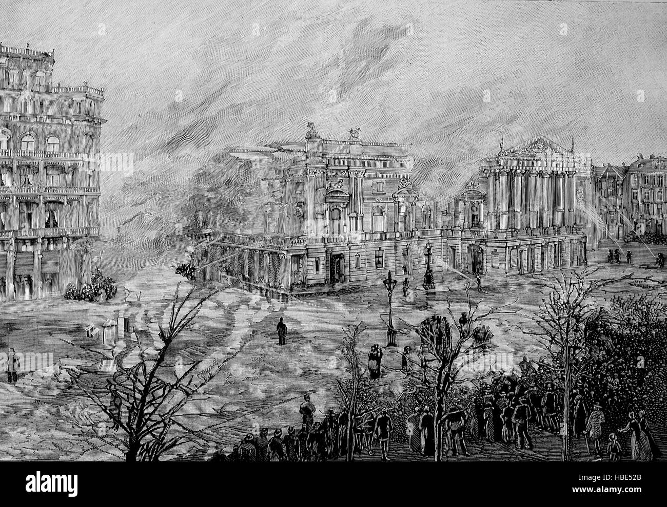 L'incendie de la ville Theatre à Amsterdam, Hollande 1890, illustration, gravure sur bois de 1880 Banque D'Images
