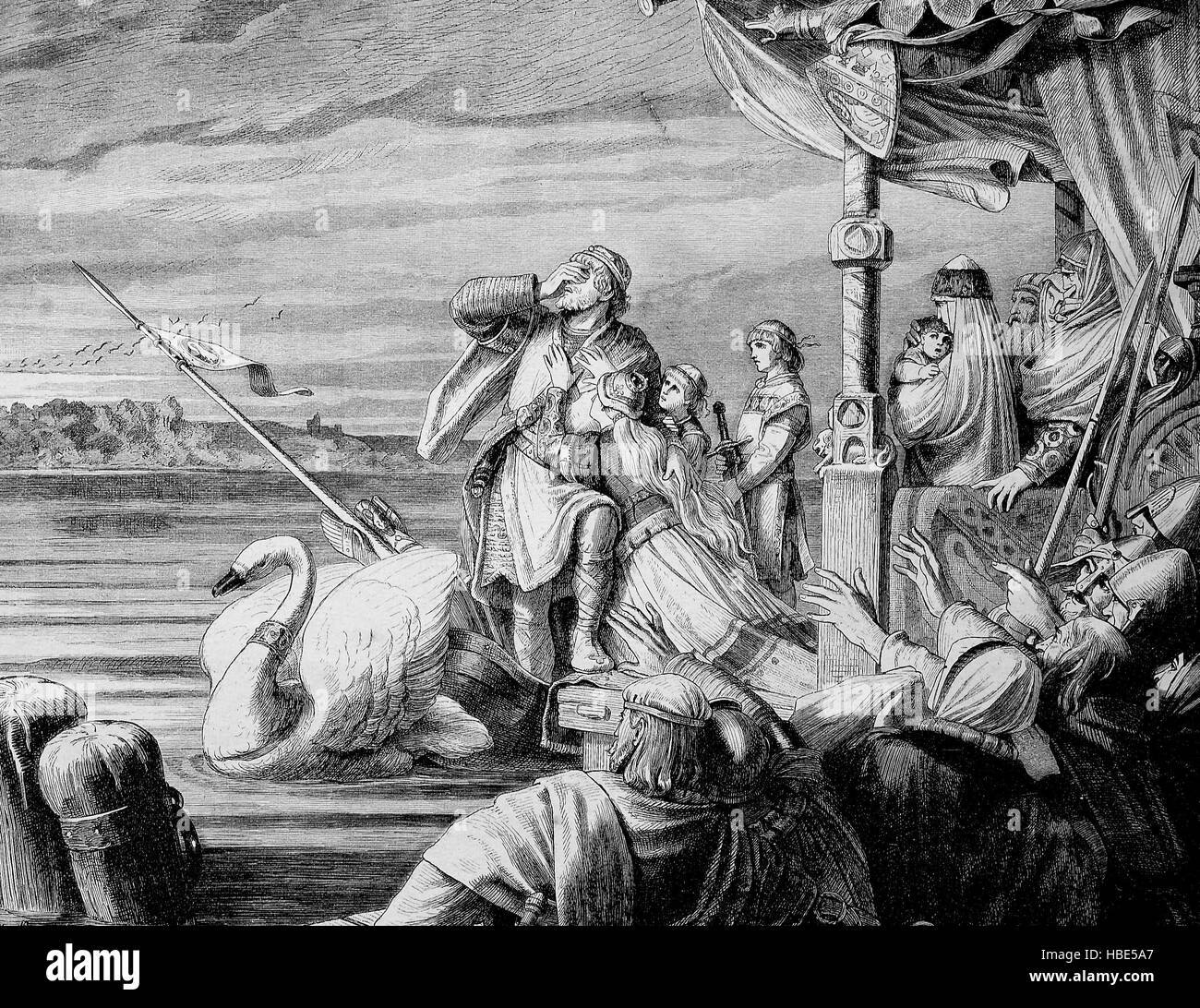 Lohengrin est un personnage dans la littérature Arthurienne allemand, le fils de Parzival, il prend du recul sur son bateau Swan, pour ne jamais revenir, illustration, gravure sur bois de 1880 Banque D'Images