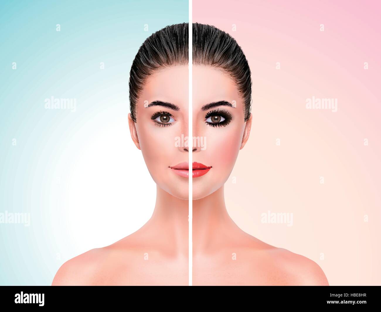 Beau modèle avant et après maquillage visage - Comparaison 3d illustration Illustration de Vecteur