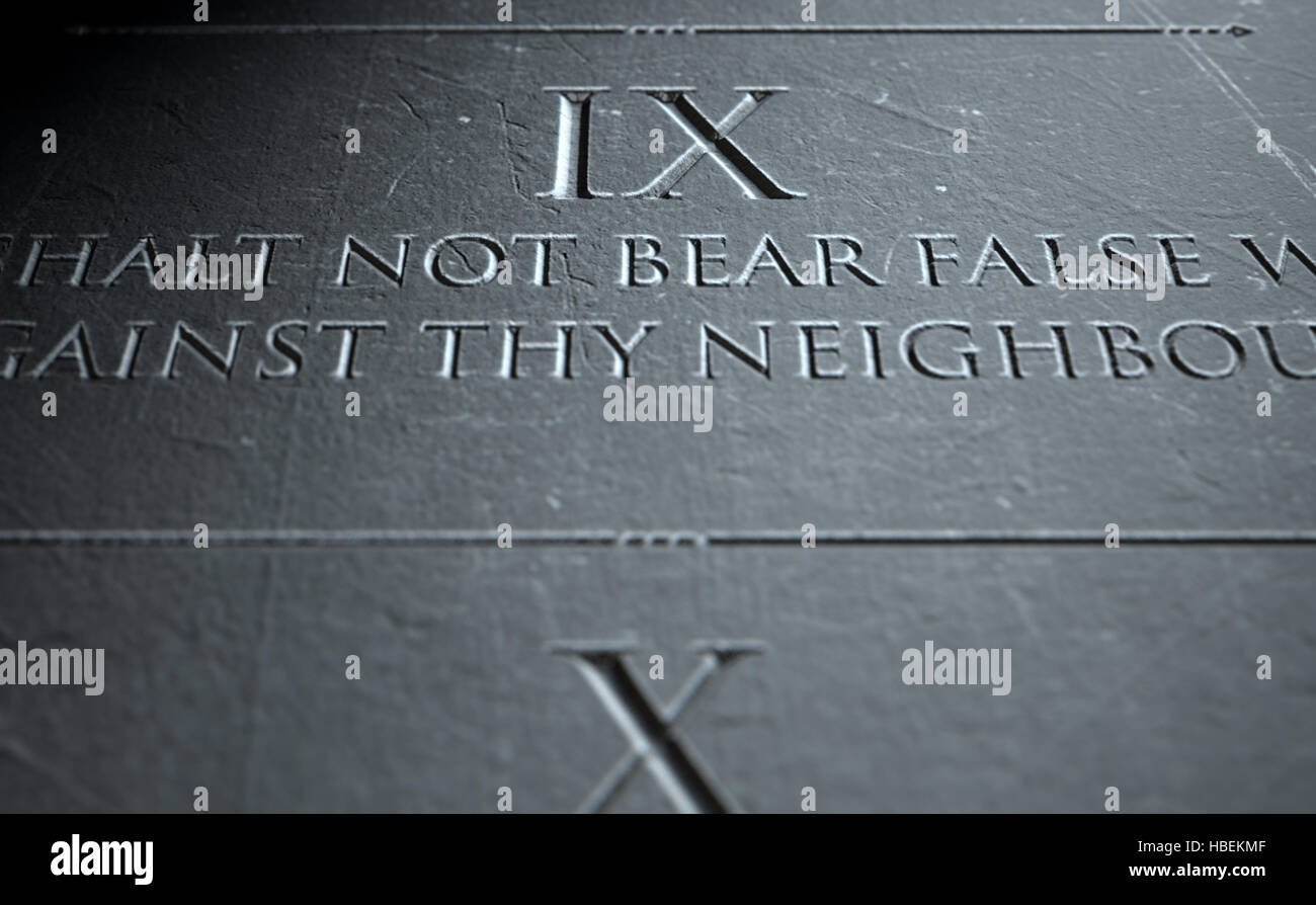 Un gros plan de rendu 3D des dix commandements gravés dans une tablette de pierre soulignant la neuvième Banque D'Images