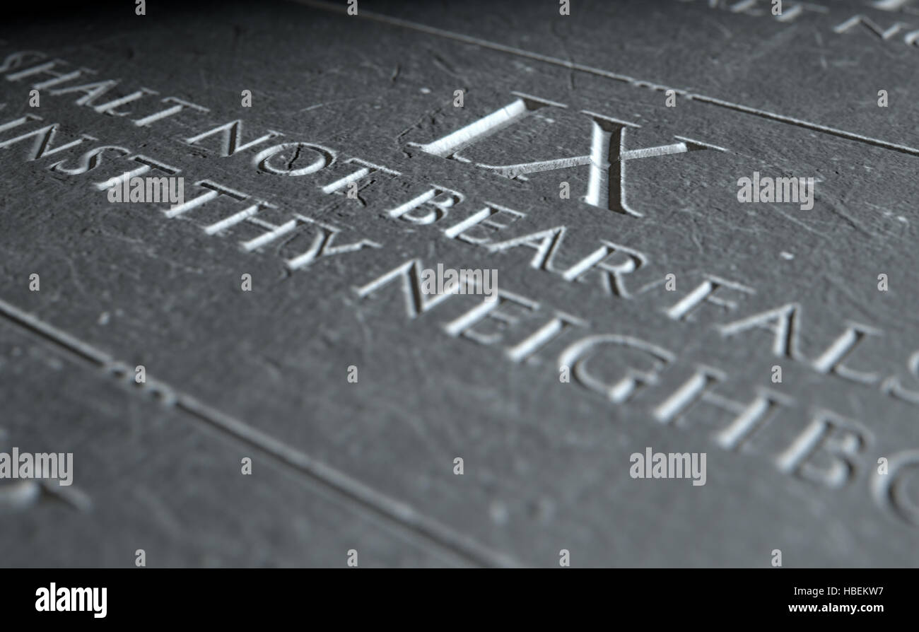 Un gros plan de rendu 3D des dix commandements gravés dans une tablette de pierre soulignant la neuvième Banque D'Images