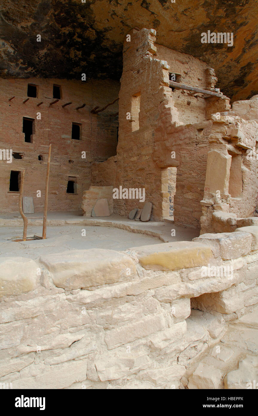 Kiva restaurée, maison de trois étages et d'une tour, sapin, Maison Hisatsinom Anasazi Pueblo ancestrales Site, Chapin Mesa, Mesa Verde National Park, Colora Banque D'Images