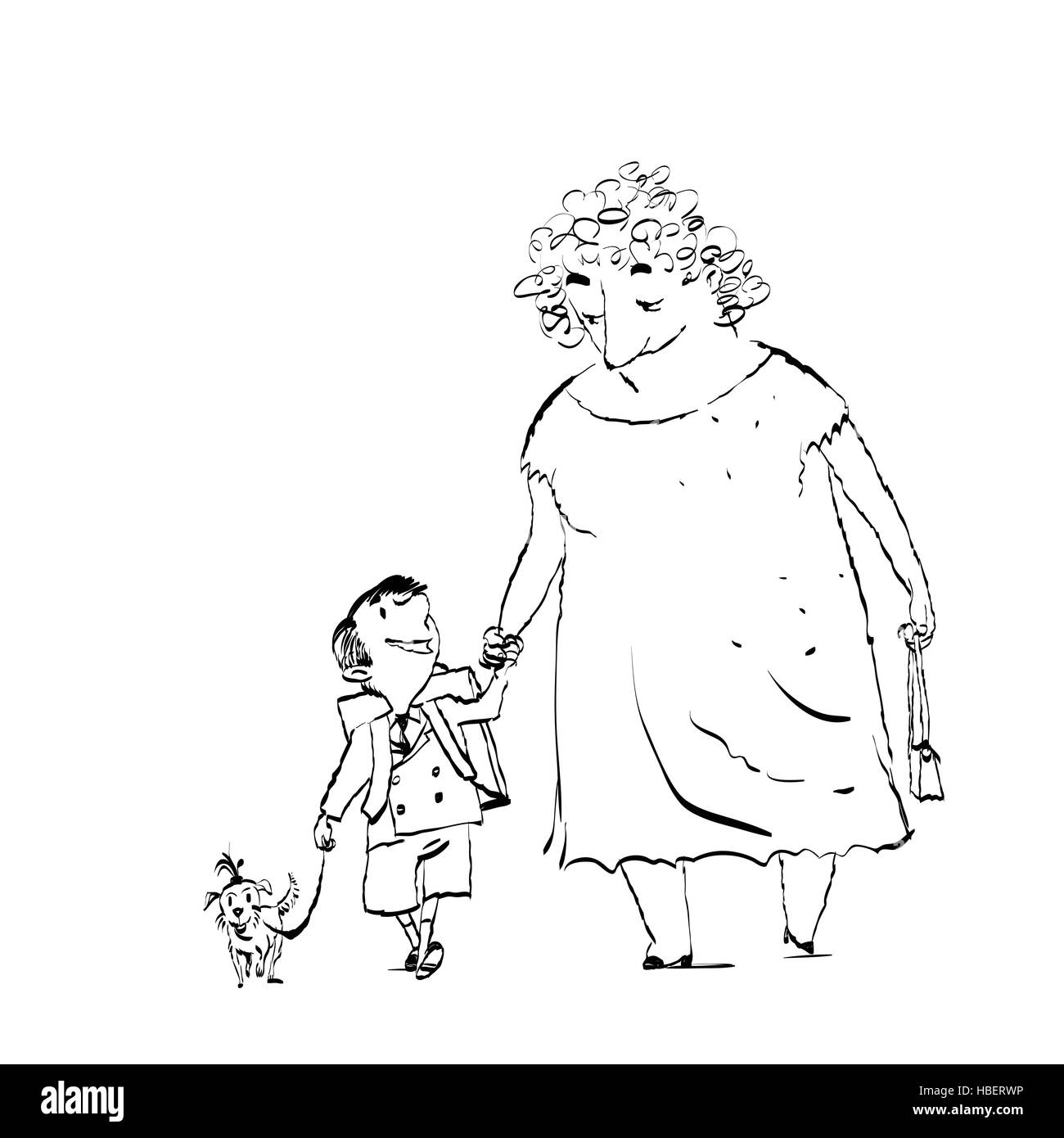 Grand-mère, petit-fils et chien en marche Illustration de Vecteur