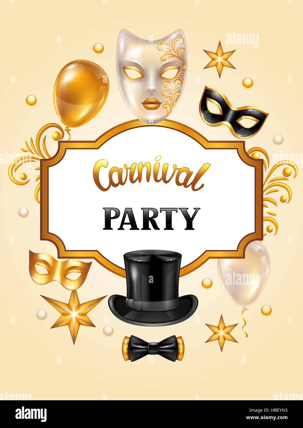 Carte d'invitation de carnaval avec les masques d'or et de décorations.  Celebration party background Image Vectorielle Stock - Alamy