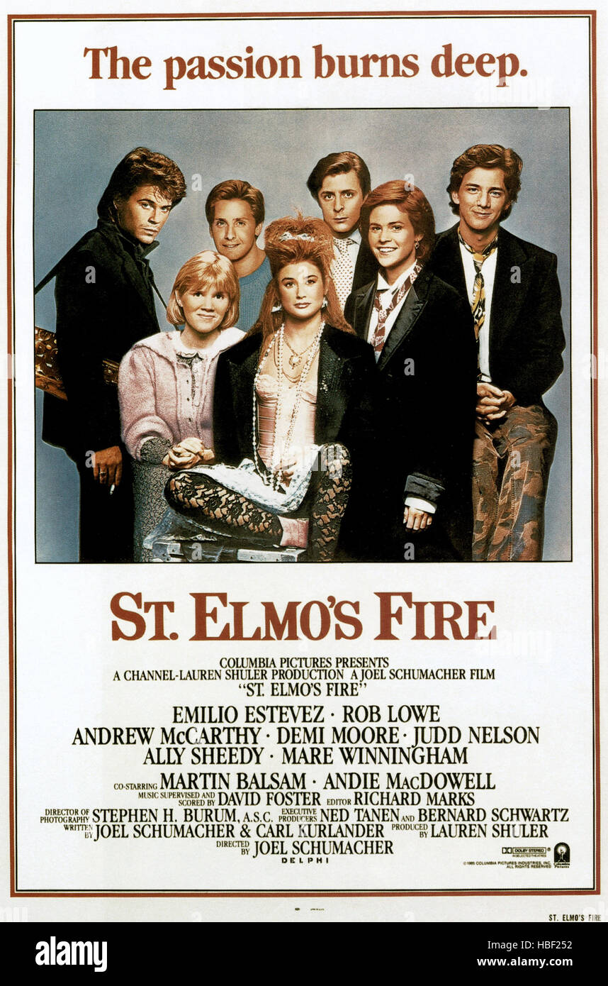 ST. ELMO'S FIRE, Rob Lowe, Mare Winningham, Emilio Estevez, Demi Moore, Judd Nelson, Ally Sheedy, Andrew McCarthy, 1985), (c) Banque D'Images