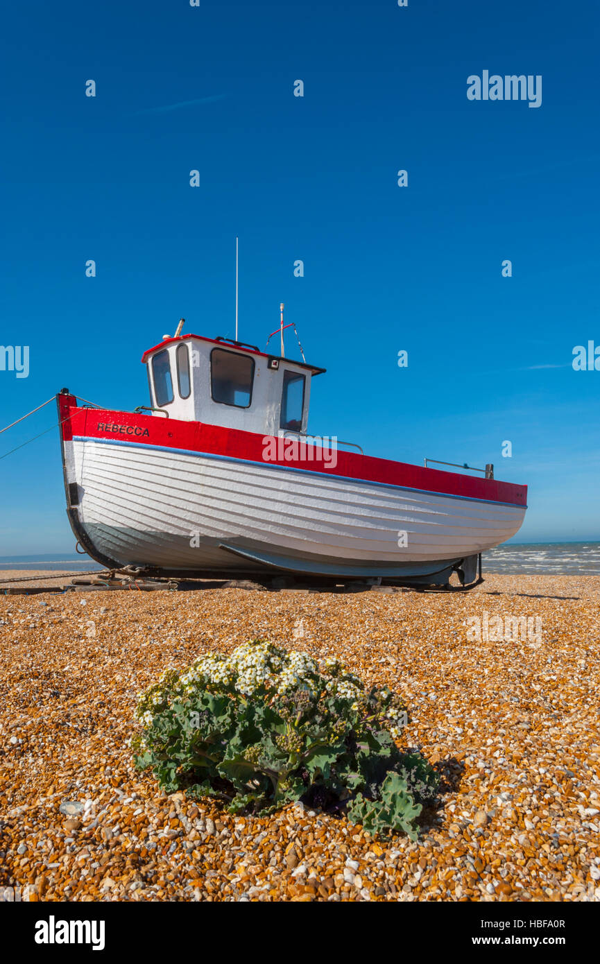 Bateaux de pêche tiré vers le haut sur la plage à Dungeness. Banque D'Images