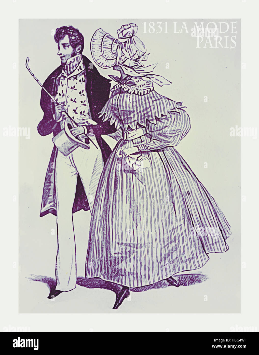 1831, le magazine français de la mode La Mode présente monsieur et dame avec des chiffons de fantaisie pour l'extérieur, promenade Banque D'Images