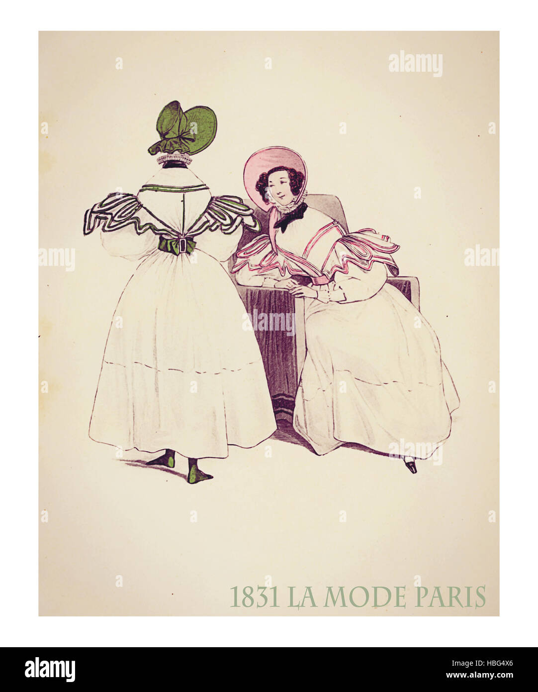 1831, le magazine français de la mode La Mode présente deux femmes discutant vinaigrette tranquillement le même modèle avec des couleurs et décorations hat Banque D'Images