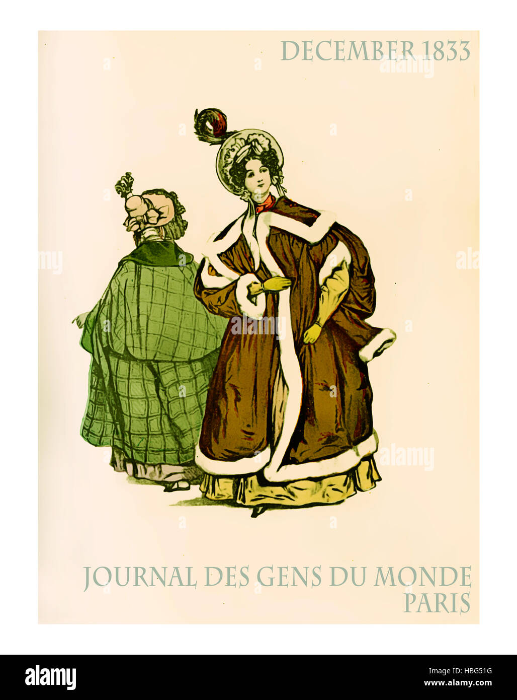 Mode d'hiver de Paris en plein air, le magazine 1833 vintage, mesdames avec Chapeau et Cape manteaux oversize Banque D'Images