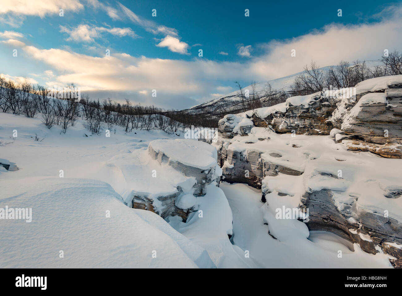La neige en Abisko Canyon, Abisko National Park, Abisko, Norrbotten, Lapland, Sweden Banque D'Images