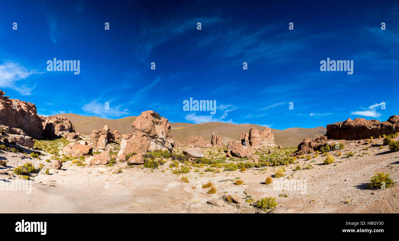 Geological formations rocheuses aux formes étranges contre un ciel bleu clair. La Bolivie Banque D'Images