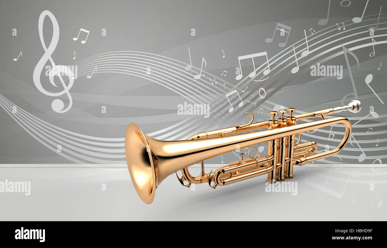 - Trompette trompette d'or instrument classique banner, 3D illustration Banque D'Images