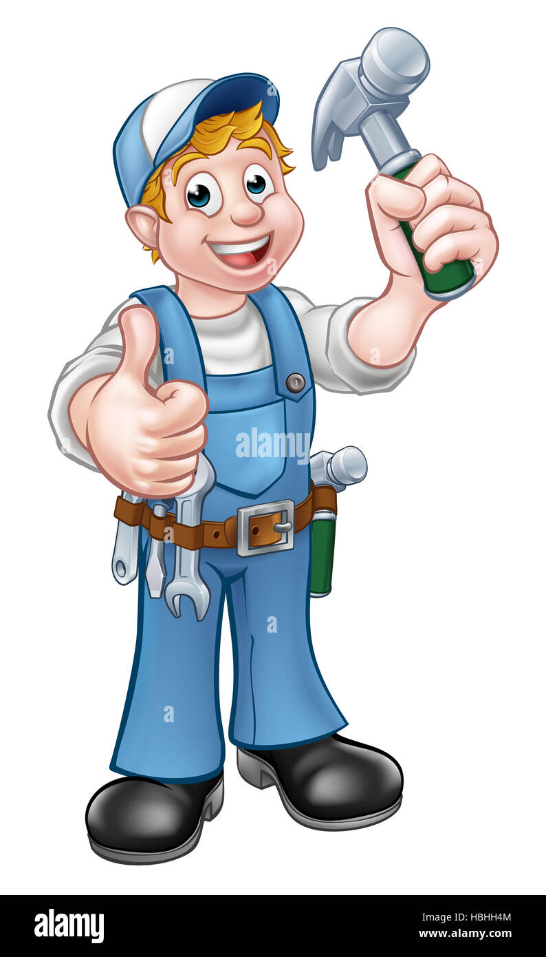 Un carpenter handyman personnage tenant un marteau et giving Thumbs up Banque D'Images