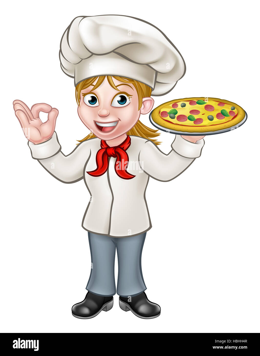 Chef ou cuisinier femme Cartoon character holding a pizza et donnant un bon geste parfait délicieux Banque D'Images