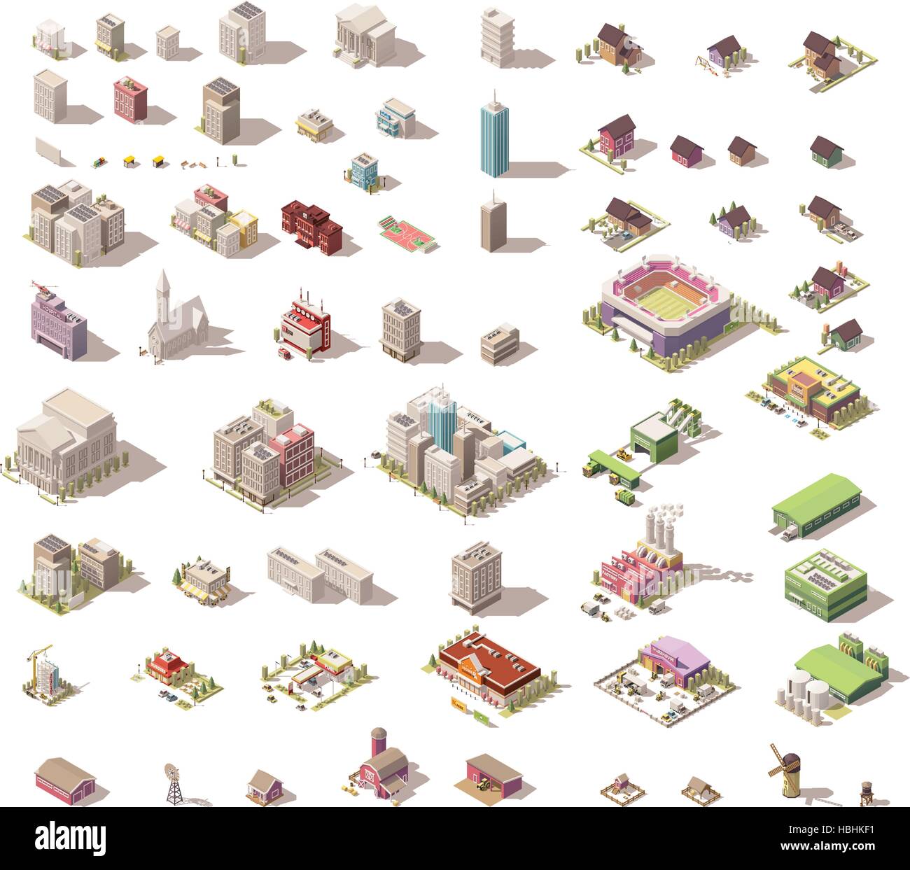 Isométrique vectoriel poly bas immeubles et maisons Illustration de Vecteur