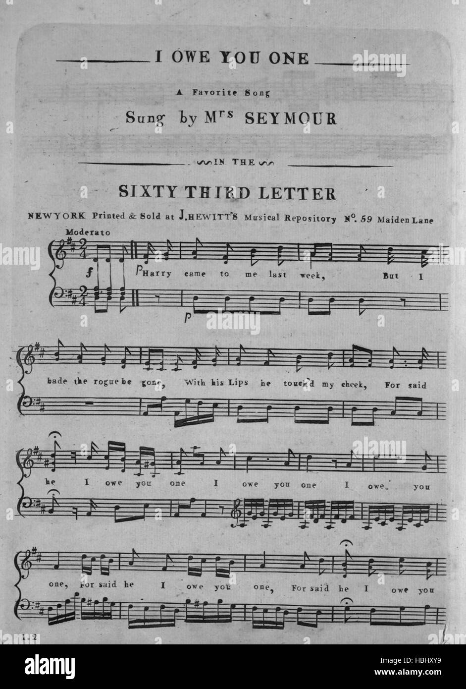 Sheet Music image de couverture de la chanson 'je vous dois une chanson préférée, avec des notes de l'auteur original à lire 'na', United States, 1900. L'éditeur est répertorié comme "J. Hewitt encore de référentiel, No 59 Maiden Lane', la forme de la composition est "avec chœur trophique', l'instrumentation est 'piano et voix", la première ligne se lit "Harry est venu à moi la semaine dernière, mais je l'avait dit être allé voyous', et l'illustration artiste est répertorié comme 'Aucun'. Banque D'Images