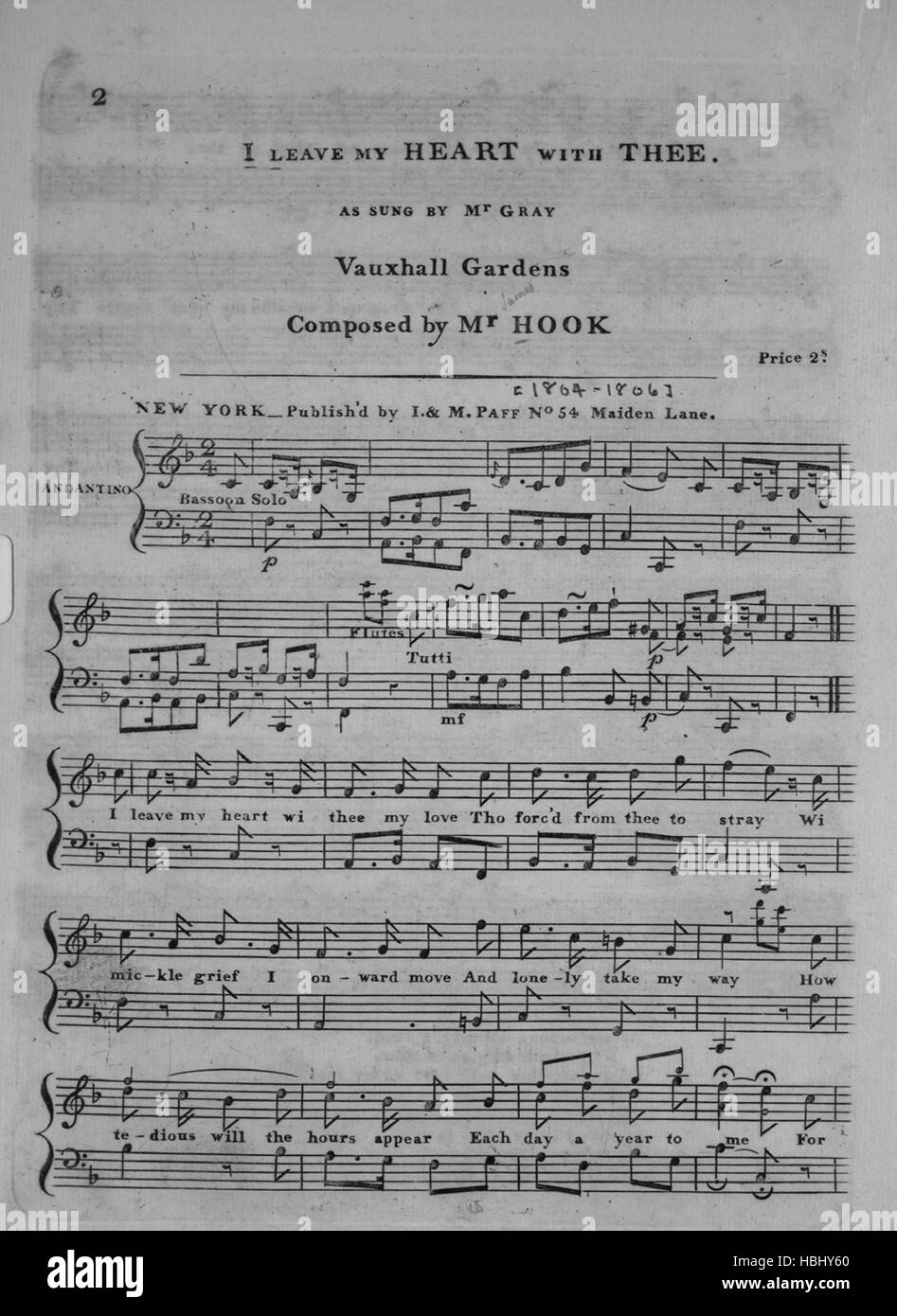 Sheet Music image de couverture de la chanson 'je laisse mon coeur avec  toi', avec 'Lecture notes auteur original composé par M. Hook', United  States, 1804. L'éditeur est répertorié comme 'I. et