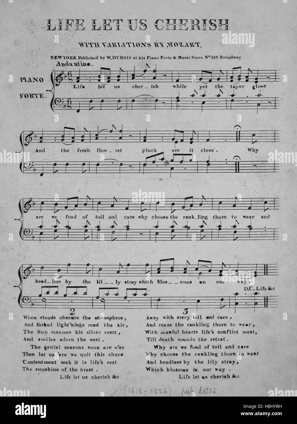 Qui Nous Lit En Copie En Anglais Sheet Music image de couverture de la chanson 'Life Laissez-nous chérir  avec des variations de Mozart [cette copie morceau]', avec une œuvre  originale lecture notes '[Mozart]', United States, 1818. L'éditeur est  répertorié