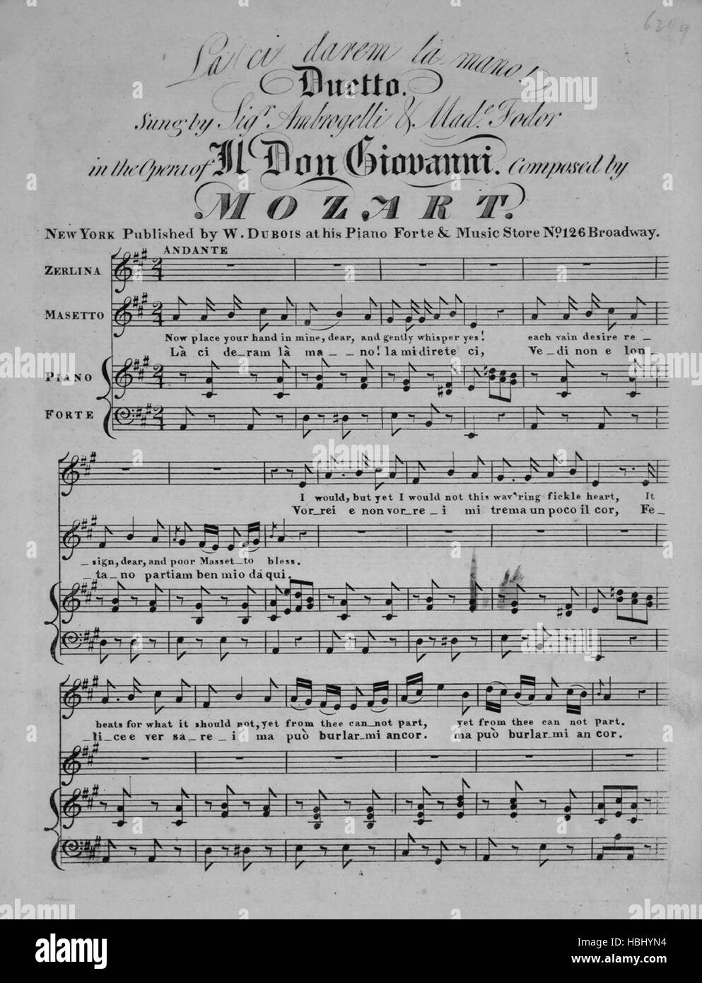 Sheet Music image de couverture de la chanson "La ci darem la mano ! Duetto  [Italien et Anglais]', avec l'auteur original "Lecture notes composées par  Mozart', United States, 1900. L'éditeur est répertorié