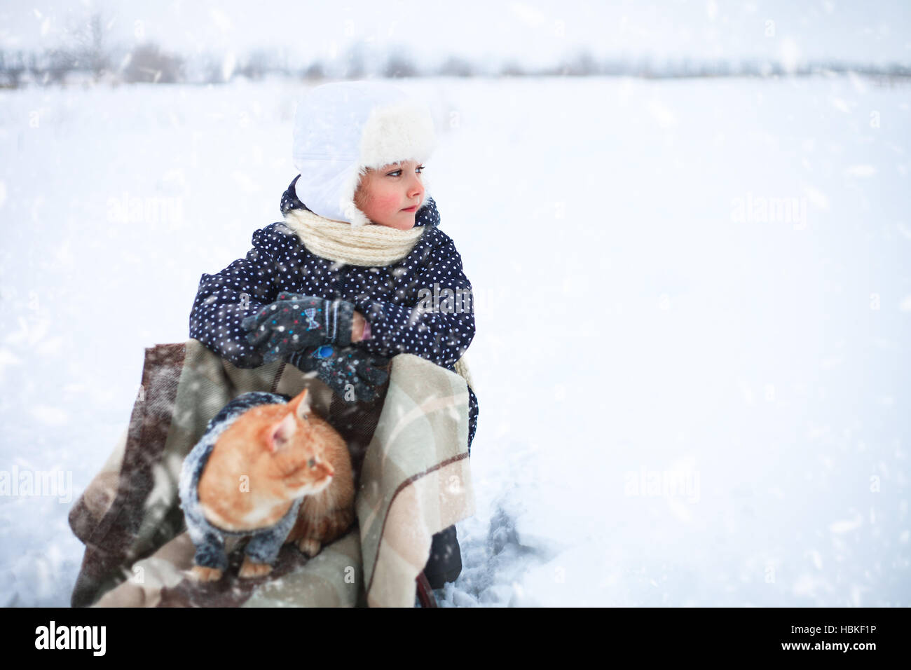 Petite fille et un chat rouge sur une promenade en traîneau dans la campagne. Banque D'Images