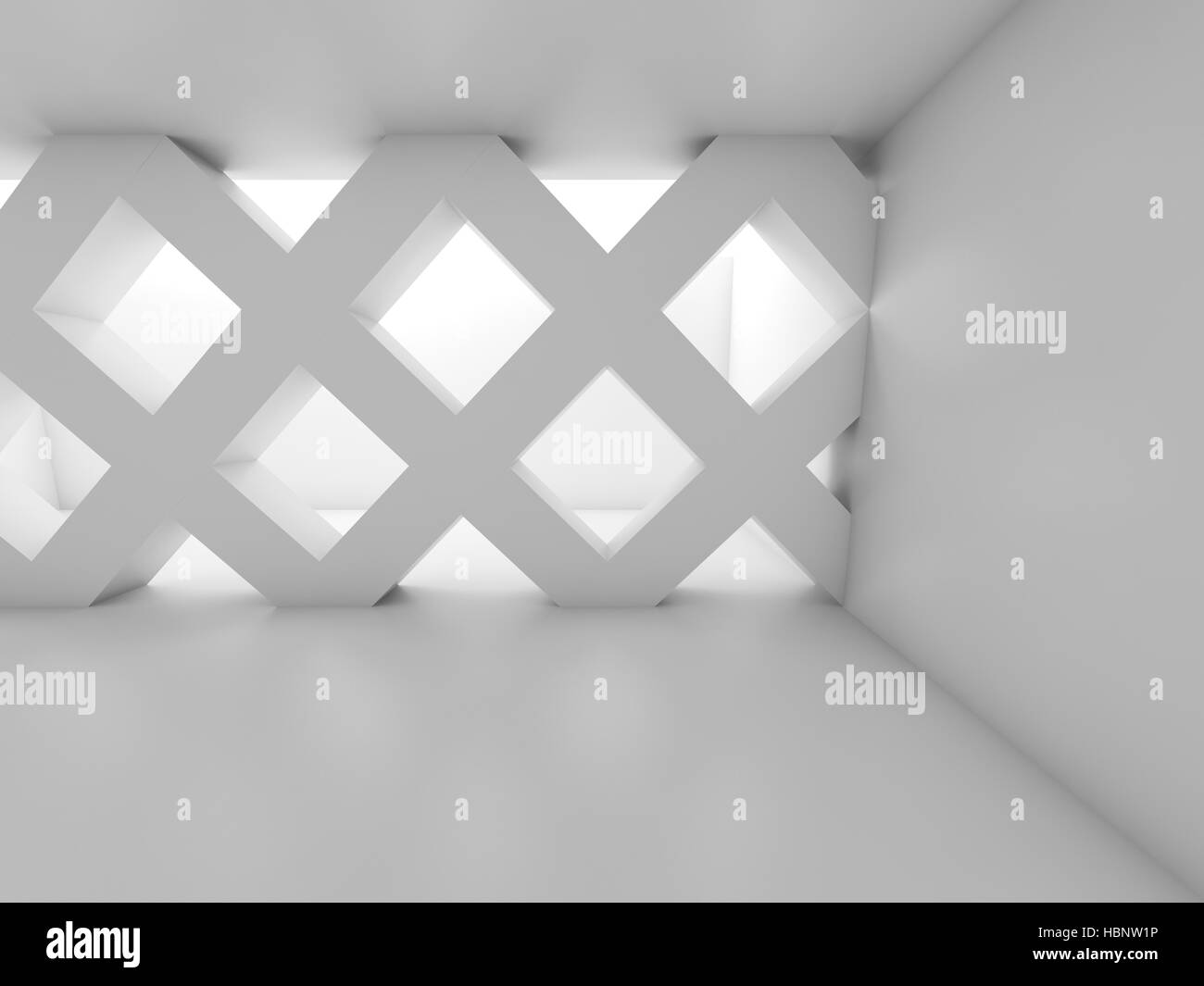 Résumé salle vide avec partition faite de poutres diagonales, fond intérieur en blanc dans les tons bleus, 3d illustration Banque D'Images