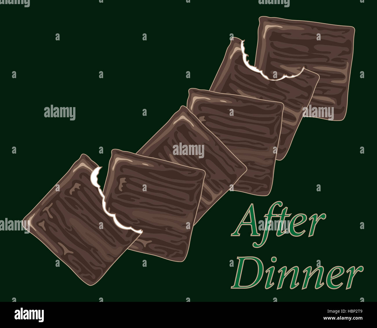 Une illustration de chocolat traditionnel après le dîner, les menthes minces en les piquant sur un fond vert foncé Banque D'Images