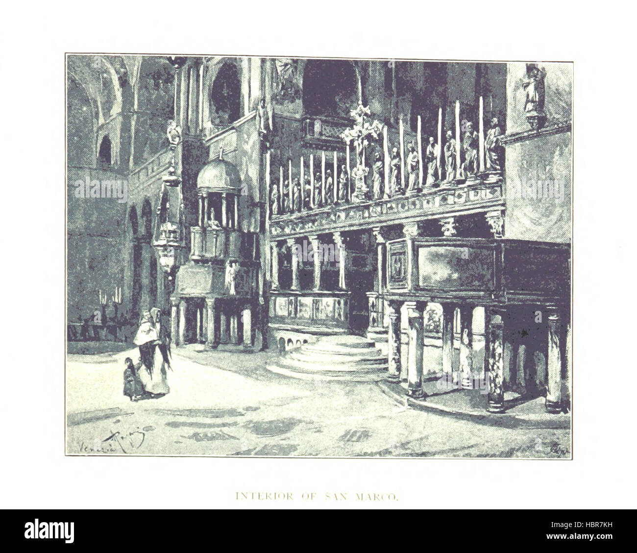 Page montrant Venise, y compris les canaux, l'architecture, les rues, les ponts, culture, histoire, monuments, bâtiments remarquables et illustrations de E. Tito. Banque D'Images