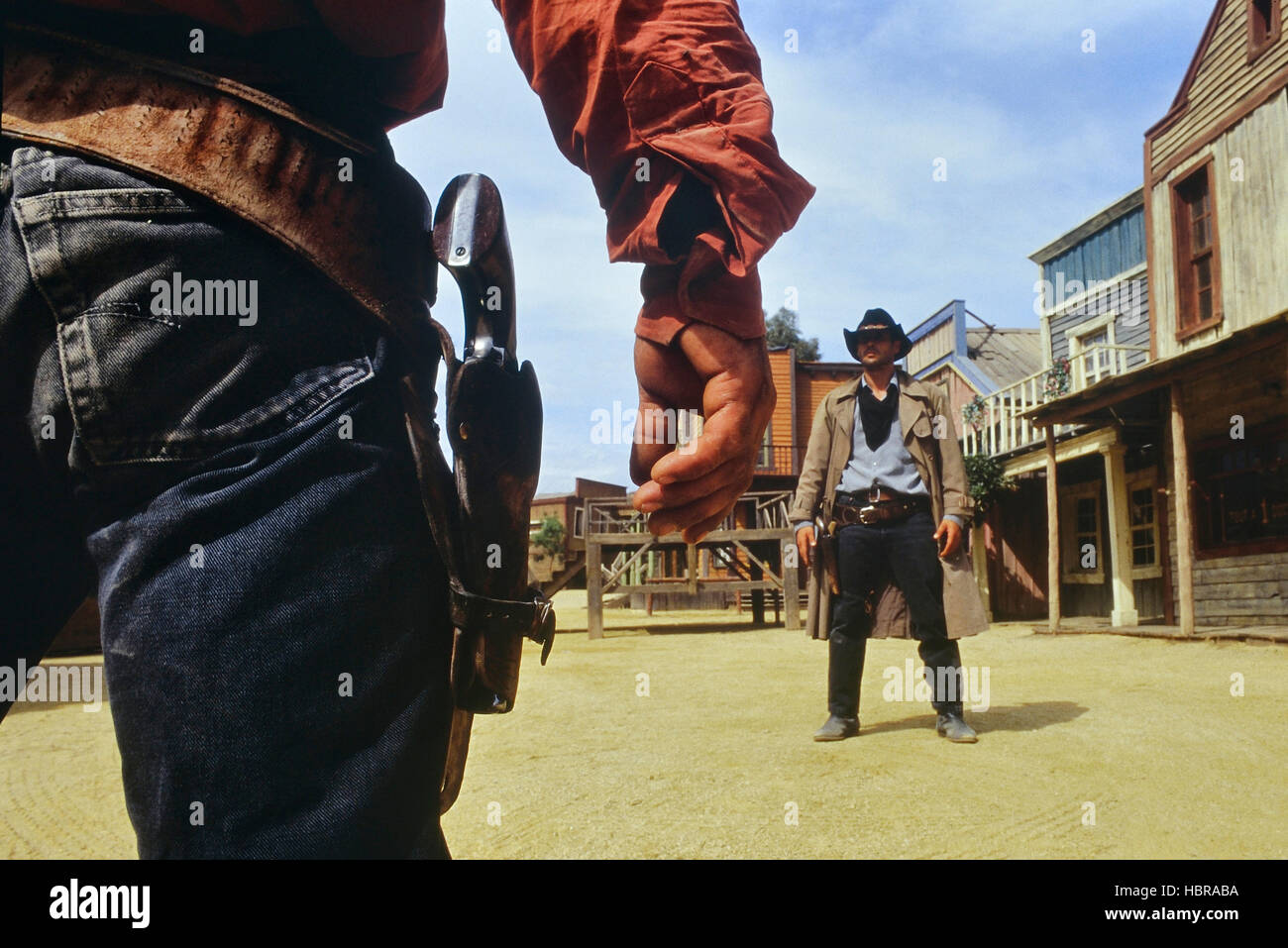 Duel au pistolet de cow-boy à la Texas Hollywood/Fort Bravo western-appelée parc à thème. Almeria. Espagne Banque D'Images