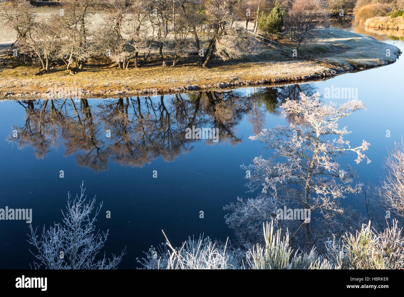 Givre sur la rivière Spey dans les Highlands d'Ecosse. Banque D'Images