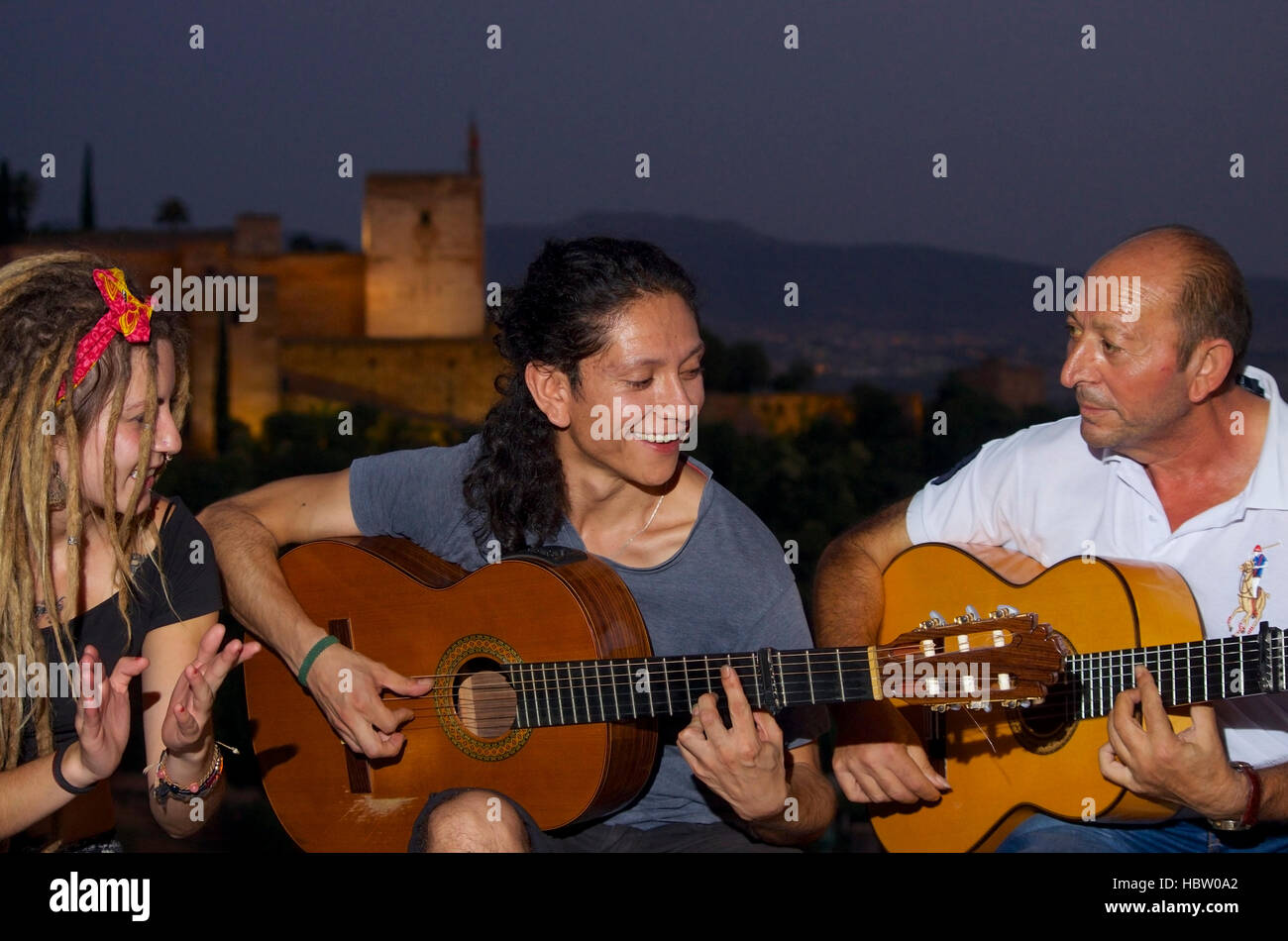 Musiciens de Flamenco au Mirador San Nicolas, Grenade Espagne Banque D'Images