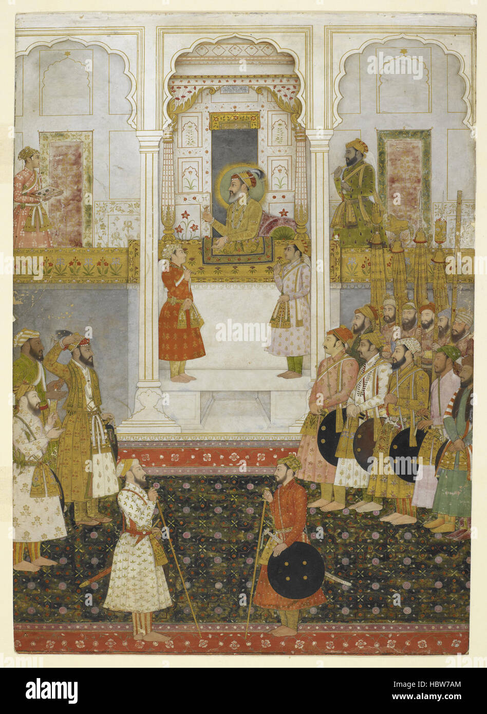 Untitled - caption : 'Shah Jahan dans durbar, tenant un rubis dans sa main droite ; 'chauri'-drapeaux se tiennent de chaque côté de lui et un accompagnateur avant lui est titulaire d'un bac de bijoux. Sur la gauche est le Prince Alamgir (Aurangzeb) qui rend hommage à son père. L'emplacement est le Diwan-i-Am à Delhi' Untitled - légende 'Shah Jahan dans durbar, tenant un ruby Banque D'Images