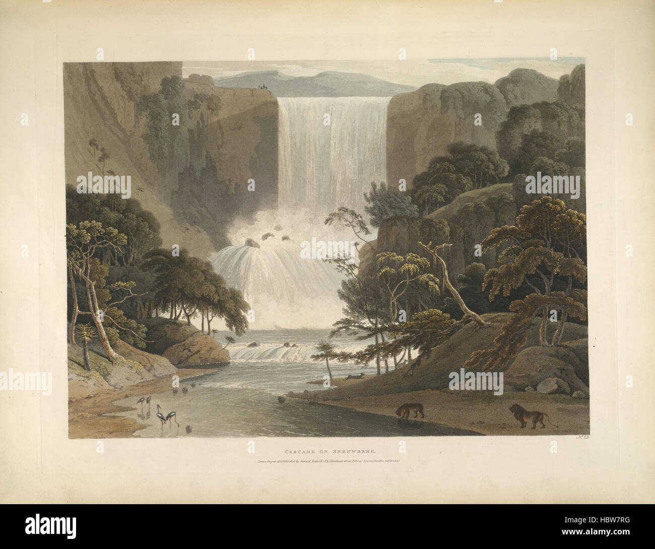 Une collection de plaques d'illustration de sce africaine - Légende : 'Cascade sur Sneuwberg' une collection de plaques d'illustration de paysages et d'animaux d'Afrique Banque D'Images