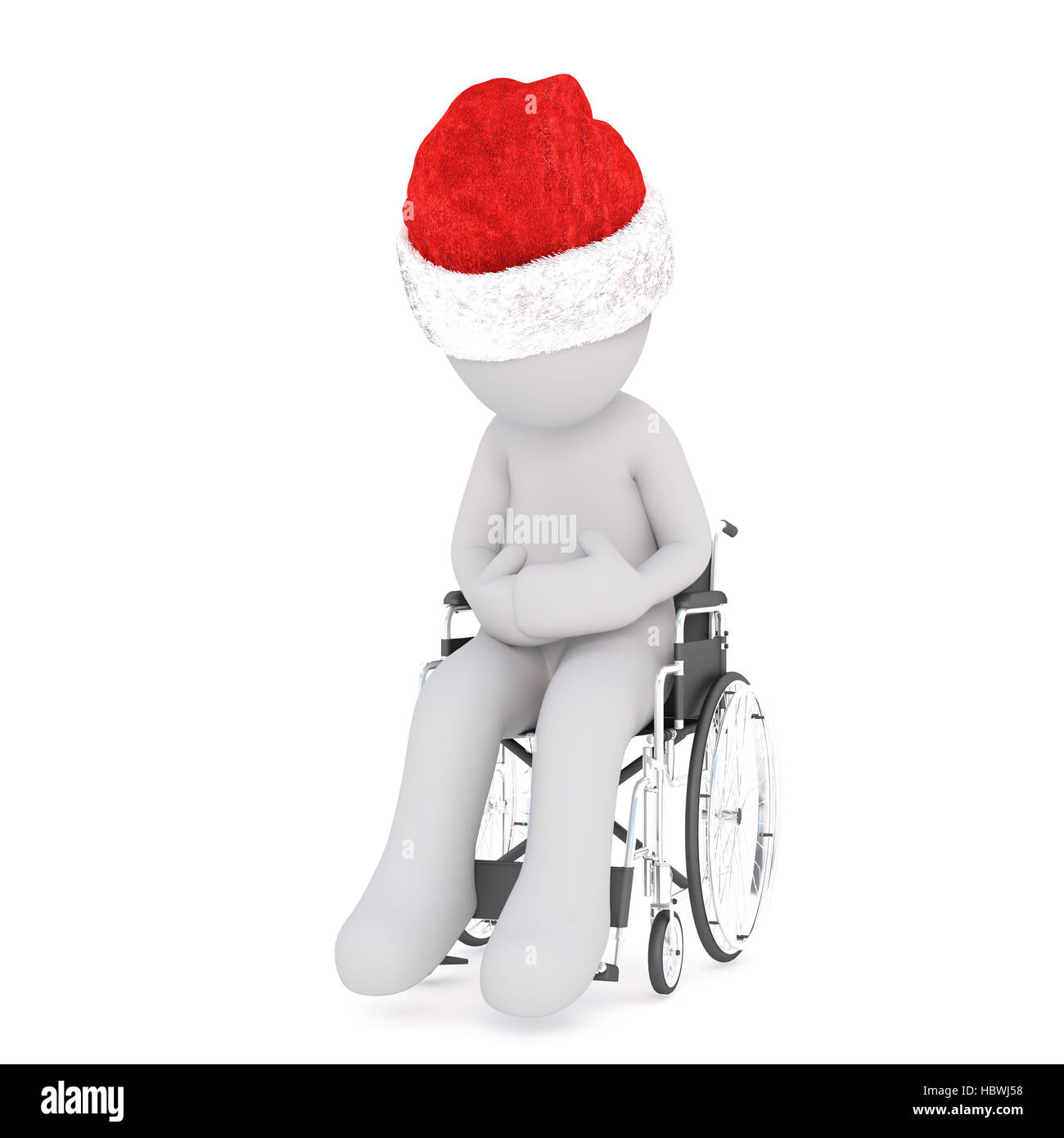 3d handicap homme portant un chapeau rouge de Noël assis dans un fauteuil roulant en regardant ses mains, rendu isolé sur blanc illustration Banque D'Images