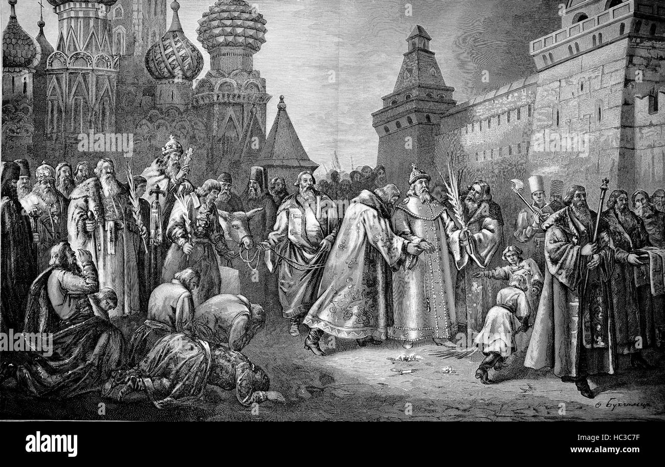 Procession des Rameaux à Moscou, Russie, 17e siècle, l'illustration historique, gravure sur bois, 1890 Banque D'Images