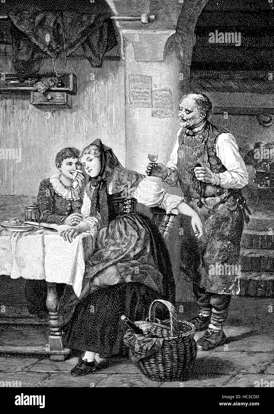 Dans une auberge, l'aubergiste a servi un verre de vin, illustration historique, gravure sur bois, 1890 Banque D'Images