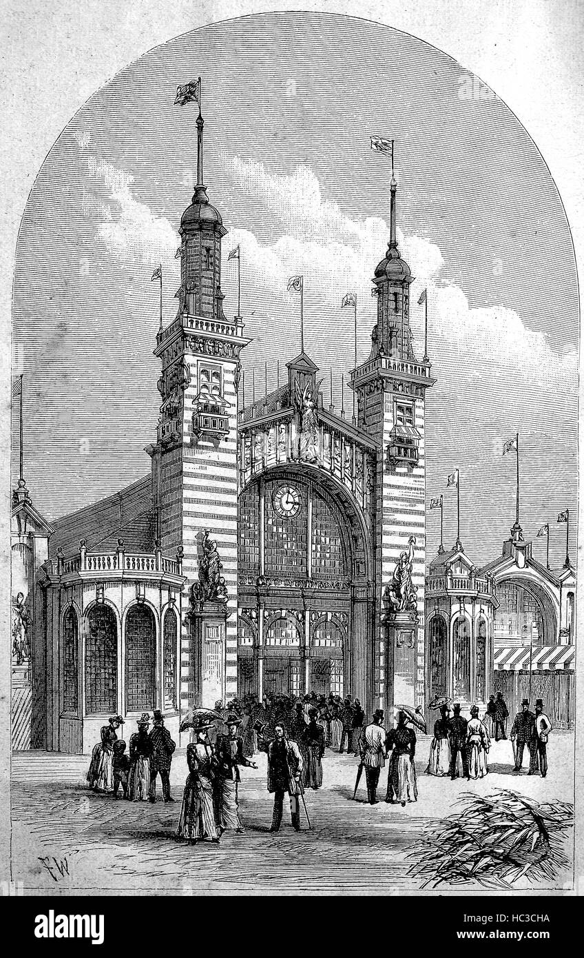 Entrée principale de l'exposition internationale à Edimbourg en Ecosse, illustration historique, gravure sur bois, 1890 Banque D'Images