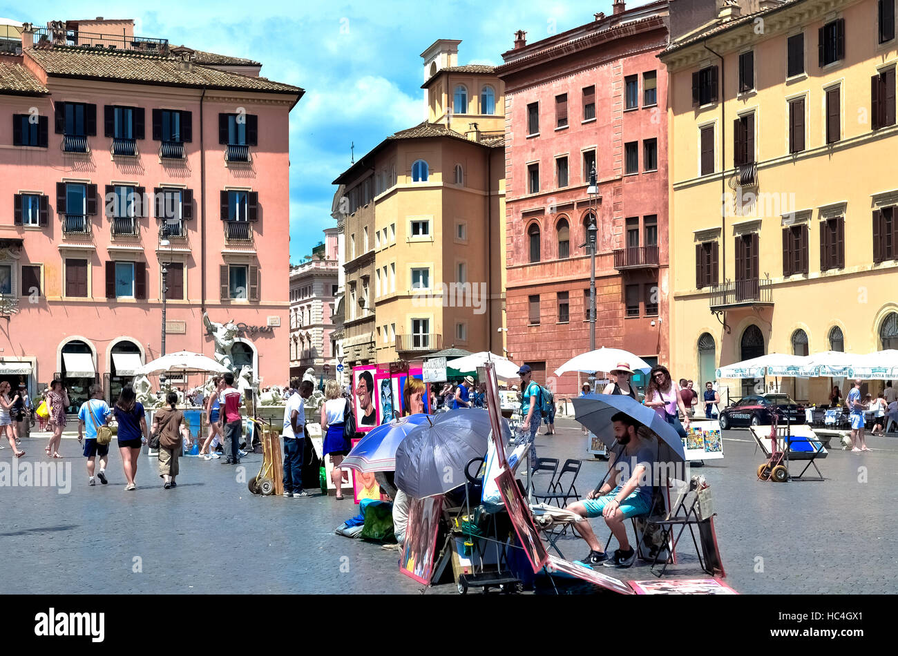 Rome, Italie - juin , 2016 : caricatures de célébrités à vendre s'affichent dans la Piazza Navona caricaturiste caricatures de peinture d'un touriste dans la Piazz Banque D'Images