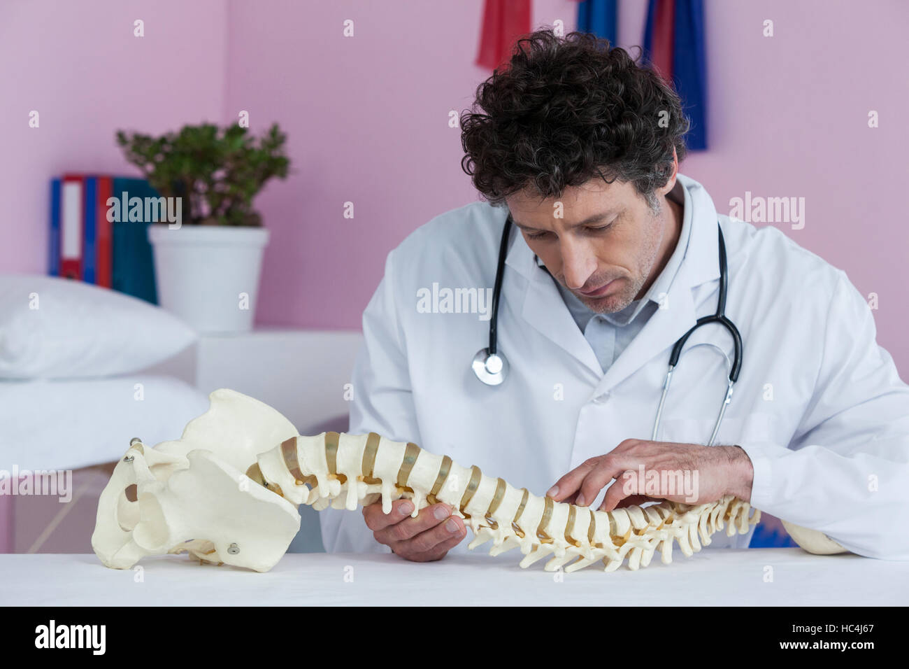 Physiothérapeute de l'examen d'un modèle de la colonne vertébrale Banque D'Images