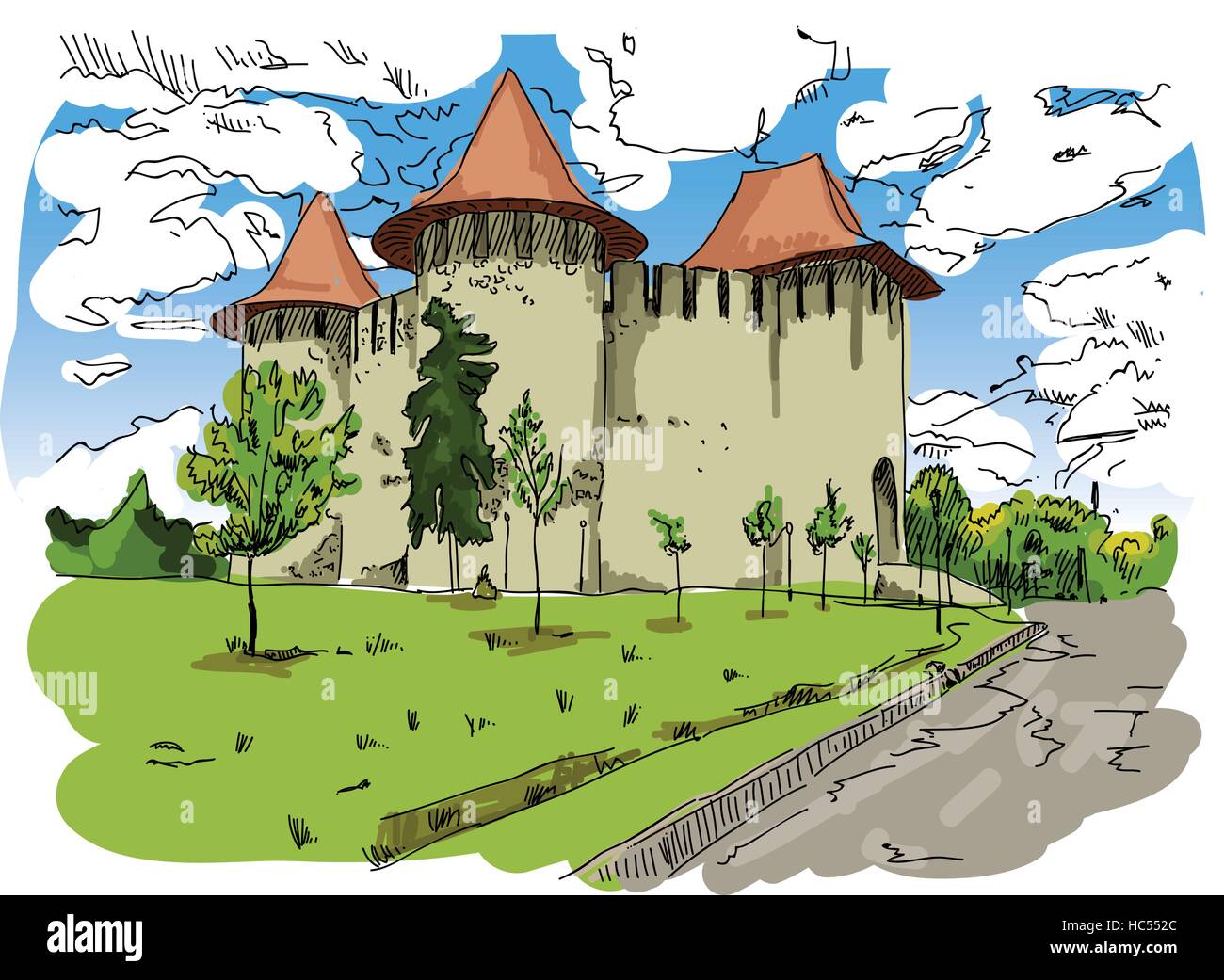 Vecteur numérique Soroca Château peint en Moldova avec ciel bleu, style plat Illustration de Vecteur