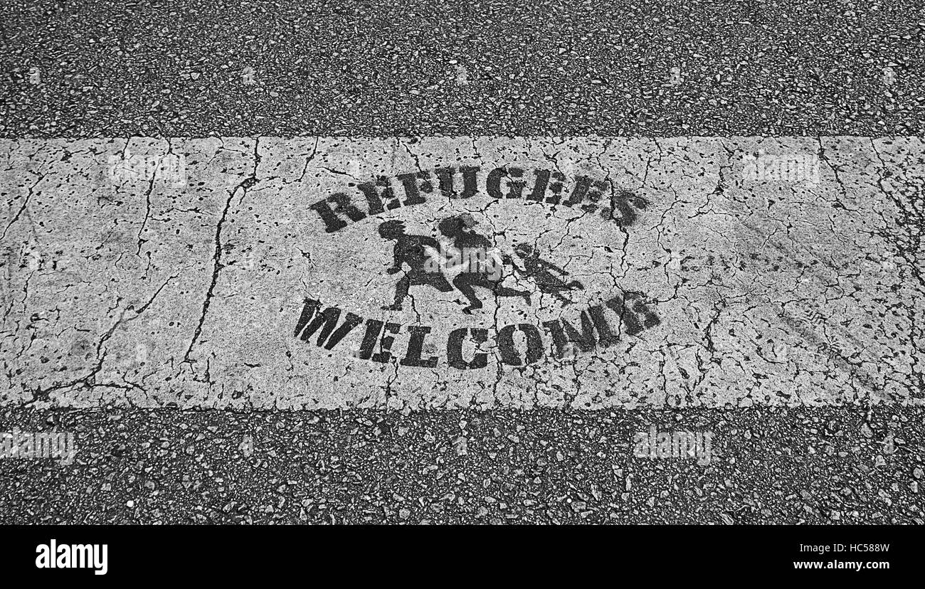 Accueillir les réfugiés de la route affiche, symbole Banque D'Images