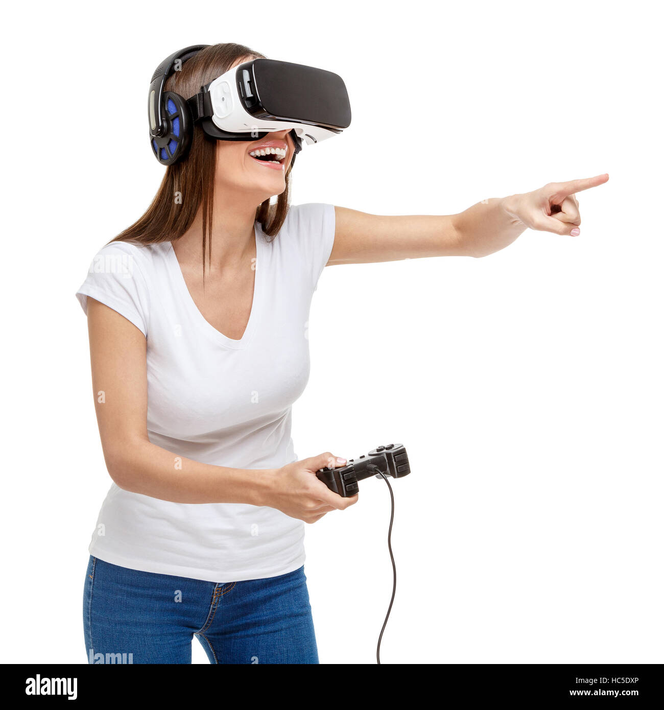 Femme avec des lunettes de réalité virtuelle Banque D'Images