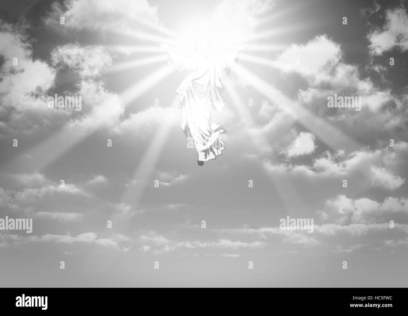 Une illustration représentant la résurrection et l'ascension vers les nuages dans le ciel de Jésus Banque D'Images