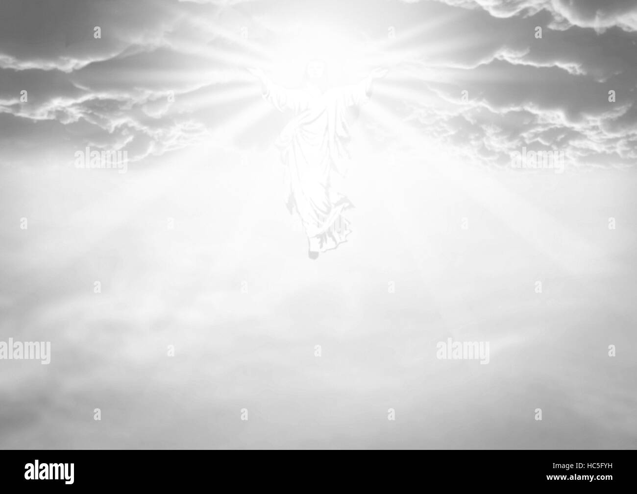 Une illustration représentant la résurrection et l'ascension vers les nuages dans le ciel de Jésus Banque D'Images