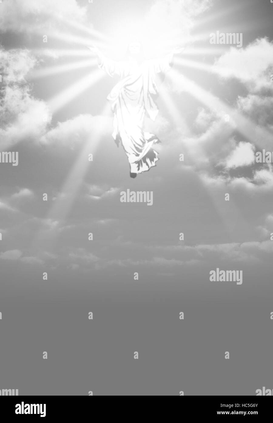 Une illustration représentant la résurrection et l'ascension vers les nuages dans le ciel de Jésus Banque D'Images