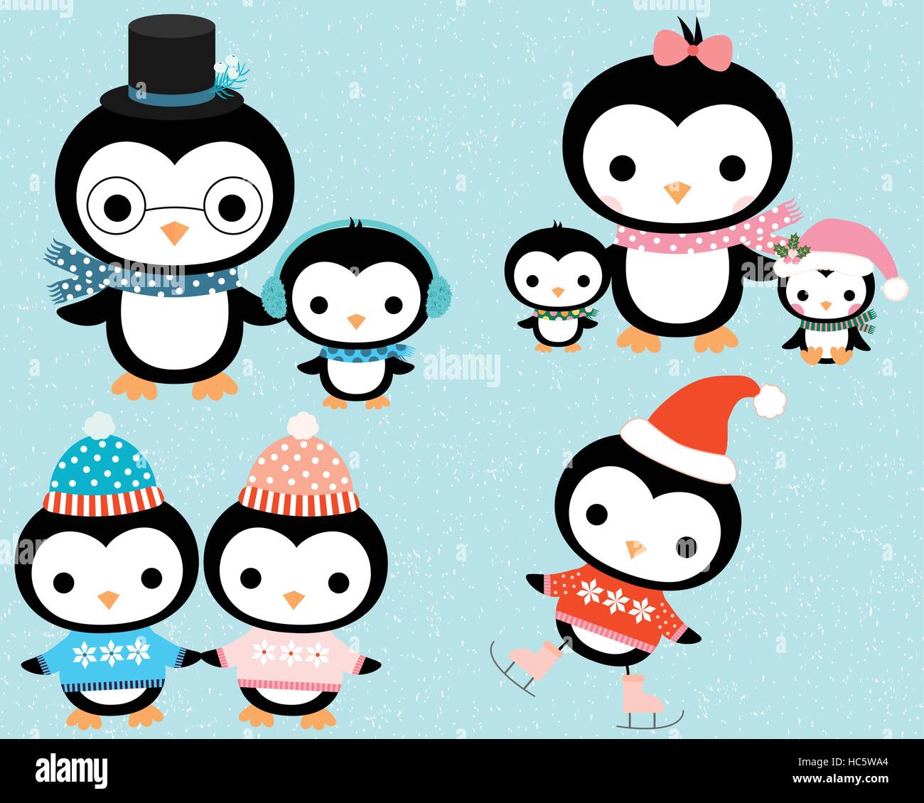 Cute cartoon pingouin hiver en famille télévision style avec la mère, le père et les enfants avec des chapeaux, des foulards et des patins pour Noël et Nouvel An Illustration de Vecteur