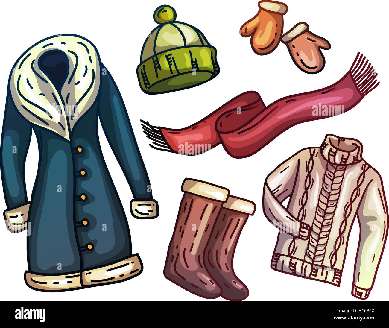 Ensemble d'hiver au chaud Vêtements et accessoires. Ensemble à la mode des  vêtements. Écharpe, bonnet hiver, manteau d'hiver, bottes, gants chauds  avec de la fourrure. Vector illustration Image Vectorielle Stock - Alamy