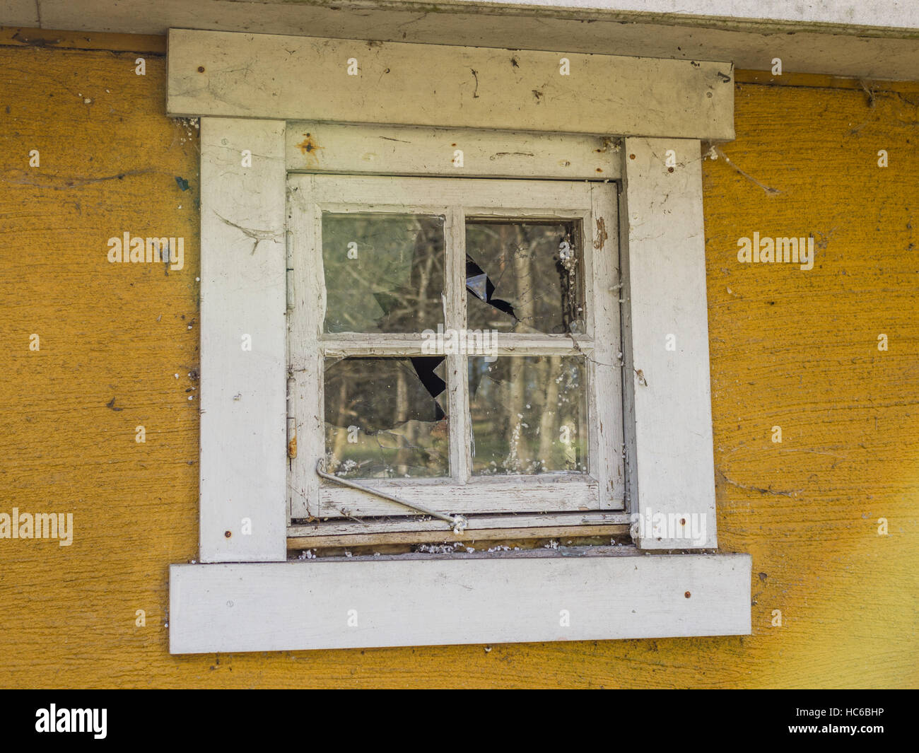 Une vitre cassée et toiles d'araignée sur une maison abandonnée Banque D'Images
