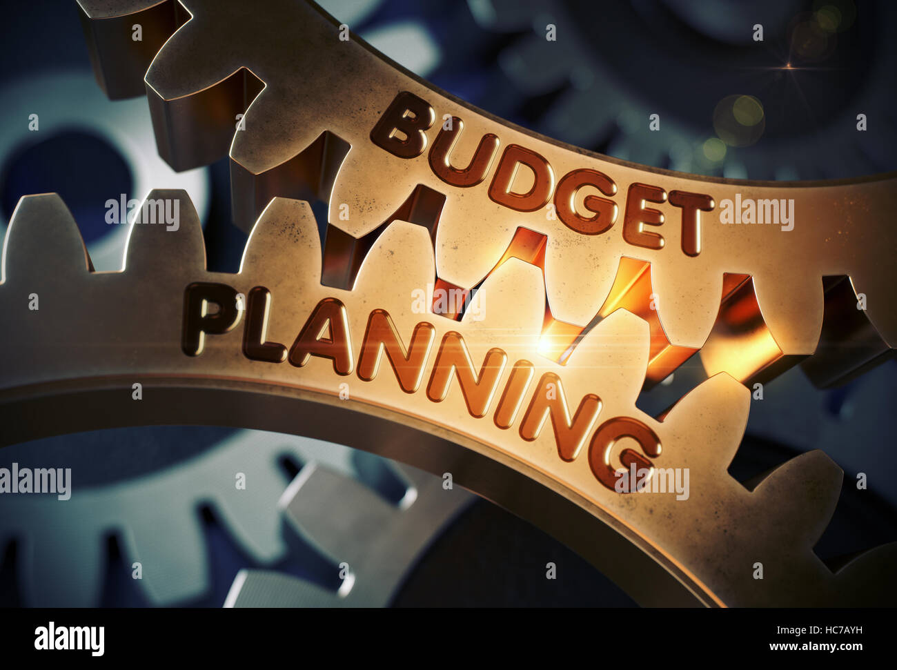 La planification budgétaire sur les pignons d'or Cog. 3D Illustration. Banque D'Images