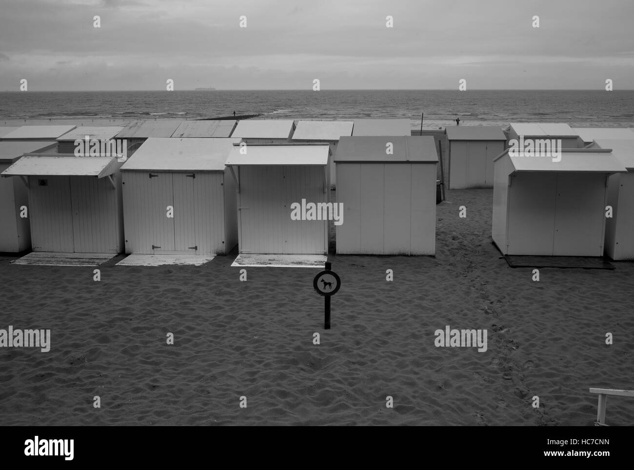 Cabines de plage sur la côte nord de la mer des pluies, Blankenberge, Belgique Banque D'Images